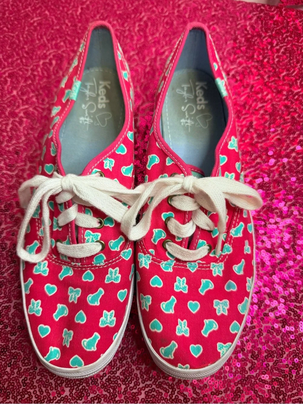 Keds Pink Canvas Taylor Swift Sneakers with Teal Heart Print